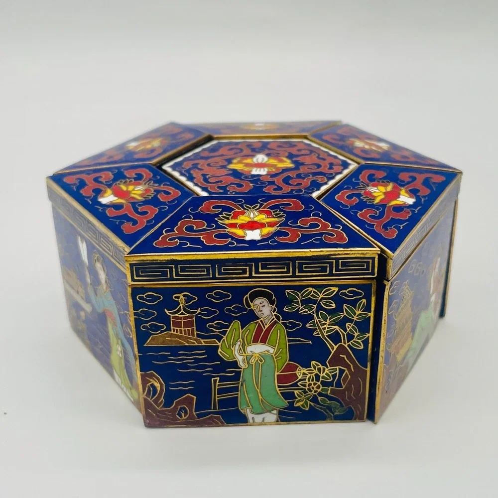 Peking Jewelry Cloisonne Enamel 7-Piece Puzzle Trinket Box Set Blue Floral